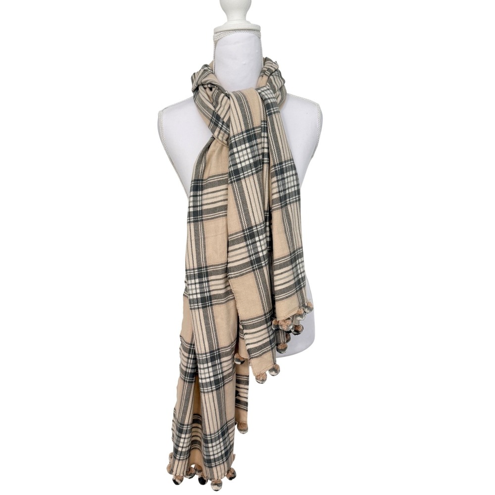 J.Crew Plaid Scarf Womens OS Beige Grey White Pom Pom Trim Rectangle Wrap